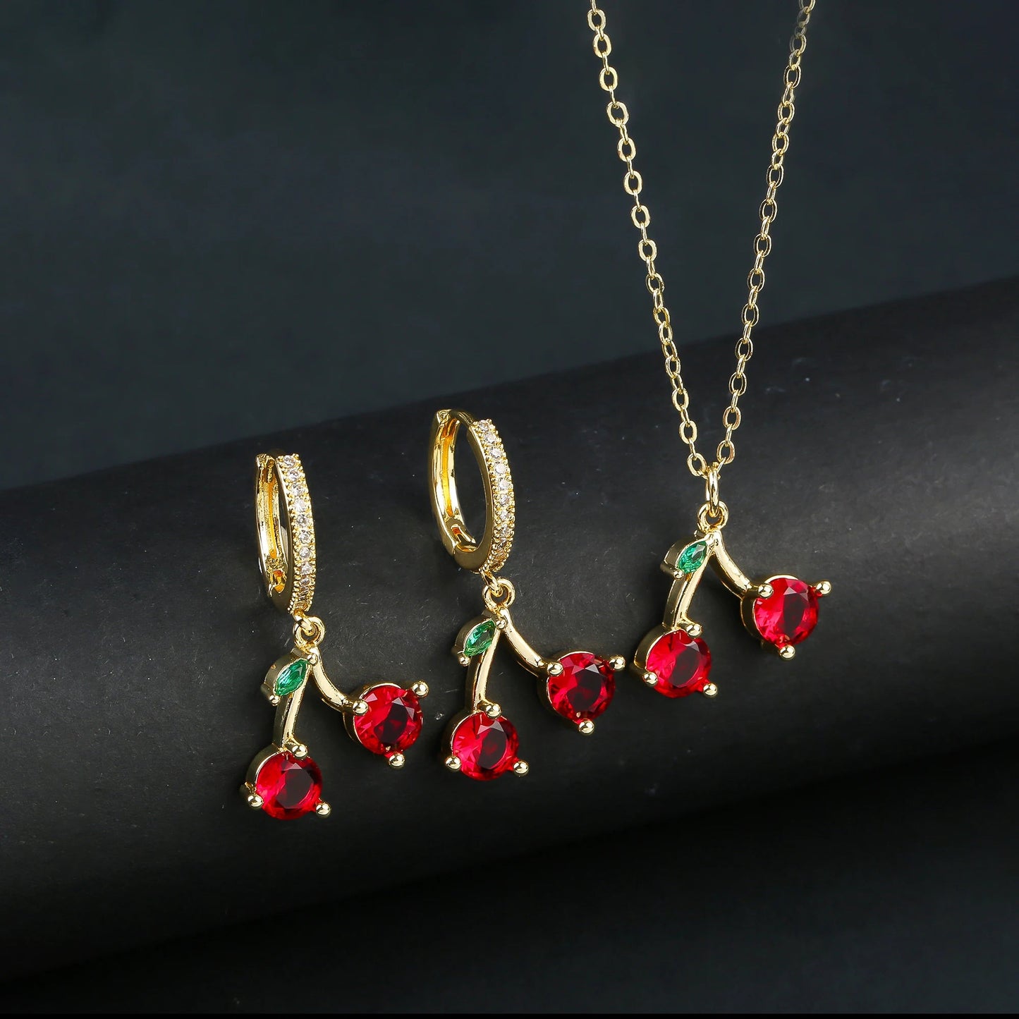 Light Luxury Crystal Zirconia Red Cherry Jewelry Set Earrings Necklace for Women Girls Sweet Jewelry Accessories Party Gifts Good Vibrations Adult Super Store