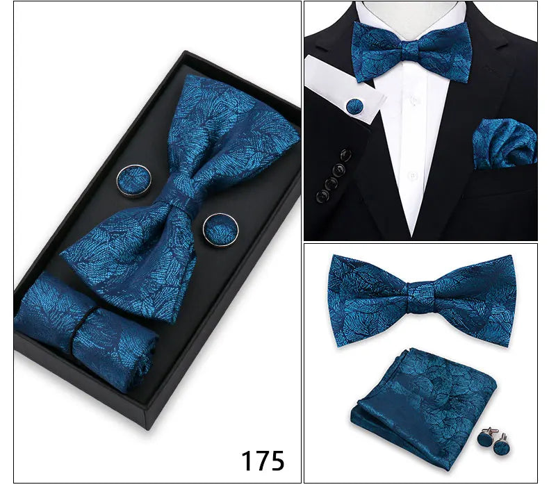 Bowtie For Men Set Gift Box Business Gift Fashion Bow Tie Pocket Square Cufflinks Set Bowtie 3pcs For Wedding Hanky Cravata Neck Good Vibrations