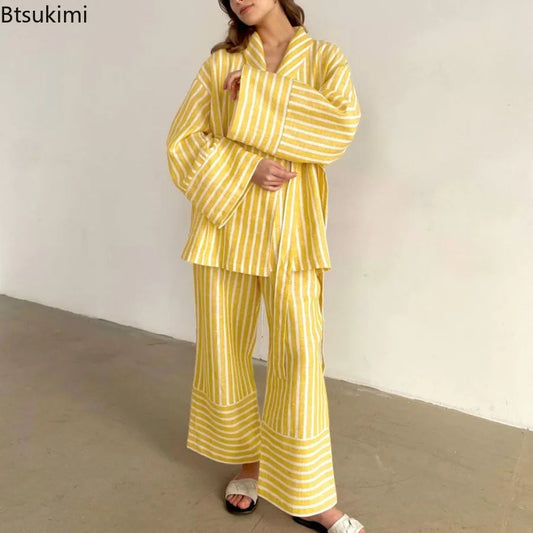 Women's Two-piece Set Autumn New Striped Long-sleeved Loose Lace-up Top High-waisted Trousers Fashion Casual Suit for Women Good Vibrations