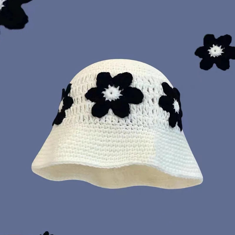 2024 Spring New Crochet Hat Korean Handmade Bucket Hat Women's Weaving Knitted Hat Y2k Fashion Flowers Autumn Winter Ins Beanies Good Vibrations