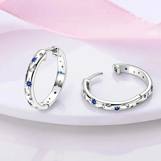 Huitan Chic Silver Color Circle Earrings for Women Delicate Star and Moon Jewelry Teen Girls Gift Shiny Zirconia Accessories Good Vibrations