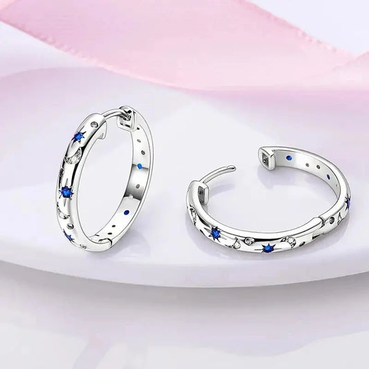 Huitan Chic Silver Color Circle Earrings for Women Delicate Star and Moon Jewelry Teen Girls Gift Shiny Zirconia Accessories Good Vibrations