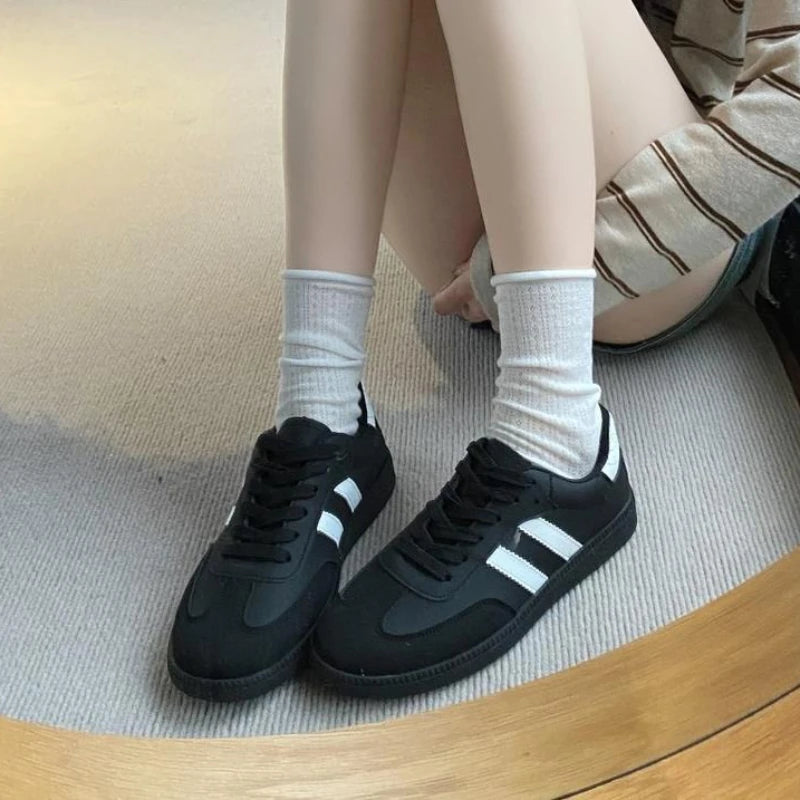 Women Tennis Sneakers Flats Ladies Fashion Lace-up Vulcanized Shoes Autumn Outdoor Trainers Student Board Shoes Footwear Good Vibrations