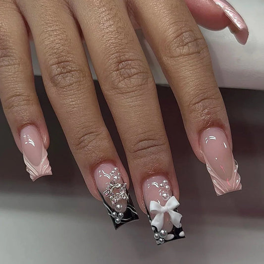 Black French Tips Press on Nails 3D White Bowknot Alloy Stars Designs Fake Nails Ballet Charms False Nails Korean Manicure 24Pcs Good Vibrations