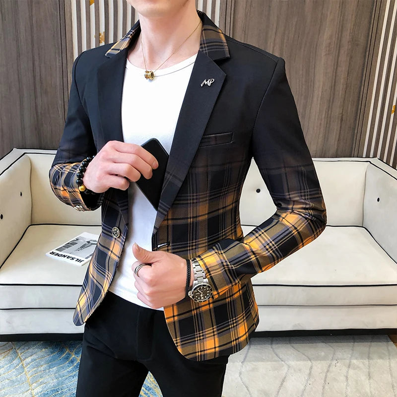 Blazer Men Boutique Fashion Plaid Men's Slim Casual Suit Jacket Male Ball Social Blazer Suit Coat Host Clothing Good Vibrations