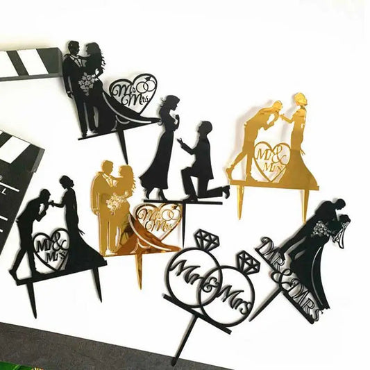 Wedding Cake Topper Bride Groom Mr Mrs Wedding Decorations Acrylic Black gold Cake Toppers Mariage Party Supplies Adult Favors Good Vibrations