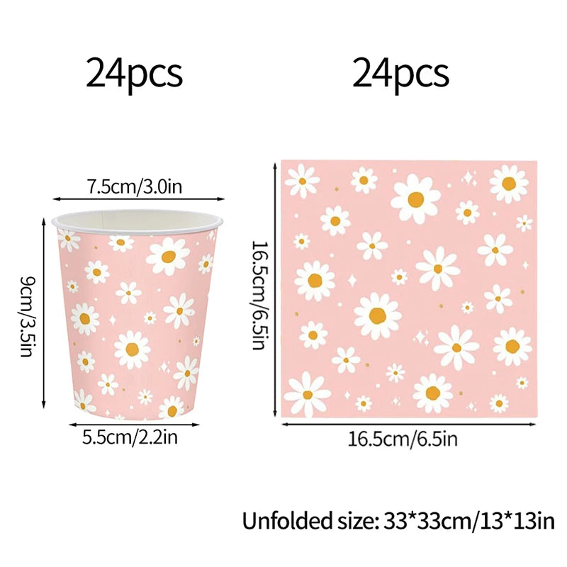 24pcs 7/9inch Pink Daisy Theme Disposable Tableware Flower Plate Napkin Straws Banner Birthday Party Baby Shower Wedding Decor Good Vibrations