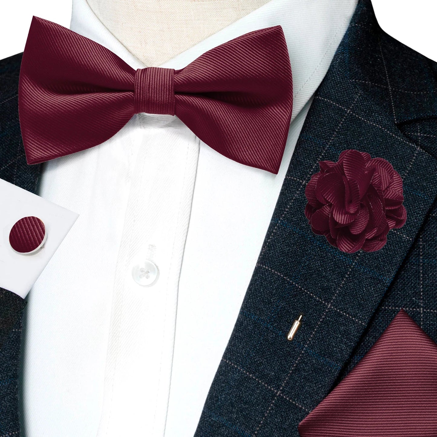 Wedding Bow Tie for Men Solid Pink Pre-tied Bowtie Pocket Square Cufflinks Corsage Set Party Business Silk Butterfly Knot Gift Good Vibrations