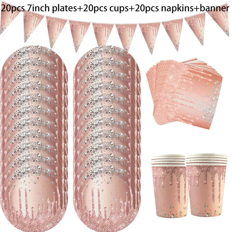 Diamond Glitter Paper Plate Napkins Rose Gold Disposable Tableware Rose Gold Wedding Birthday Party Supplies Women Party Decor Good Vibrations