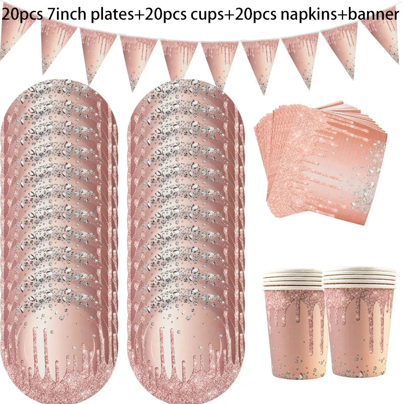 Diamond Glitter Paper Plate Napkins Rose Gold Disposable Tableware Rose Gold Wedding Birthday Party Supplies Women Party Decor Good Vibrations