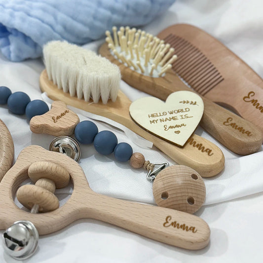 Baby Gift Box 8pcs with Personalized Name,Natural Wood Teether Rattle Set,Custom Baby Toy,Baby Name Announcement Baby Brush Good Vibrations