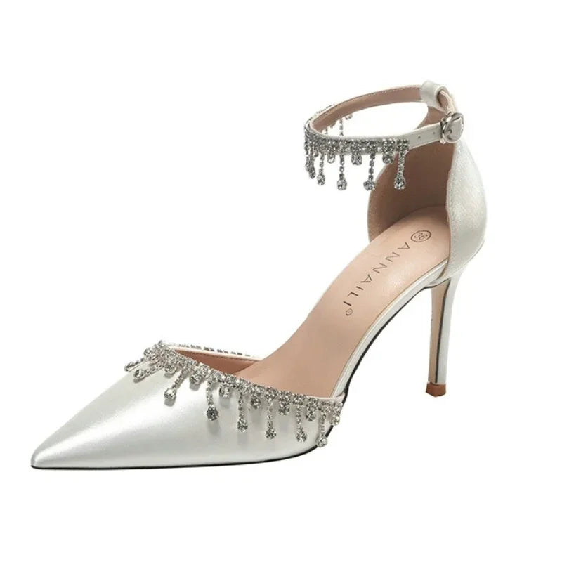 Comemore 2025 White Wedding Bridesmaid Shoes Satin Fashion Rhinestone Fringe Chain High Heels Black Temperament Elegance Pumps Good Vibrations