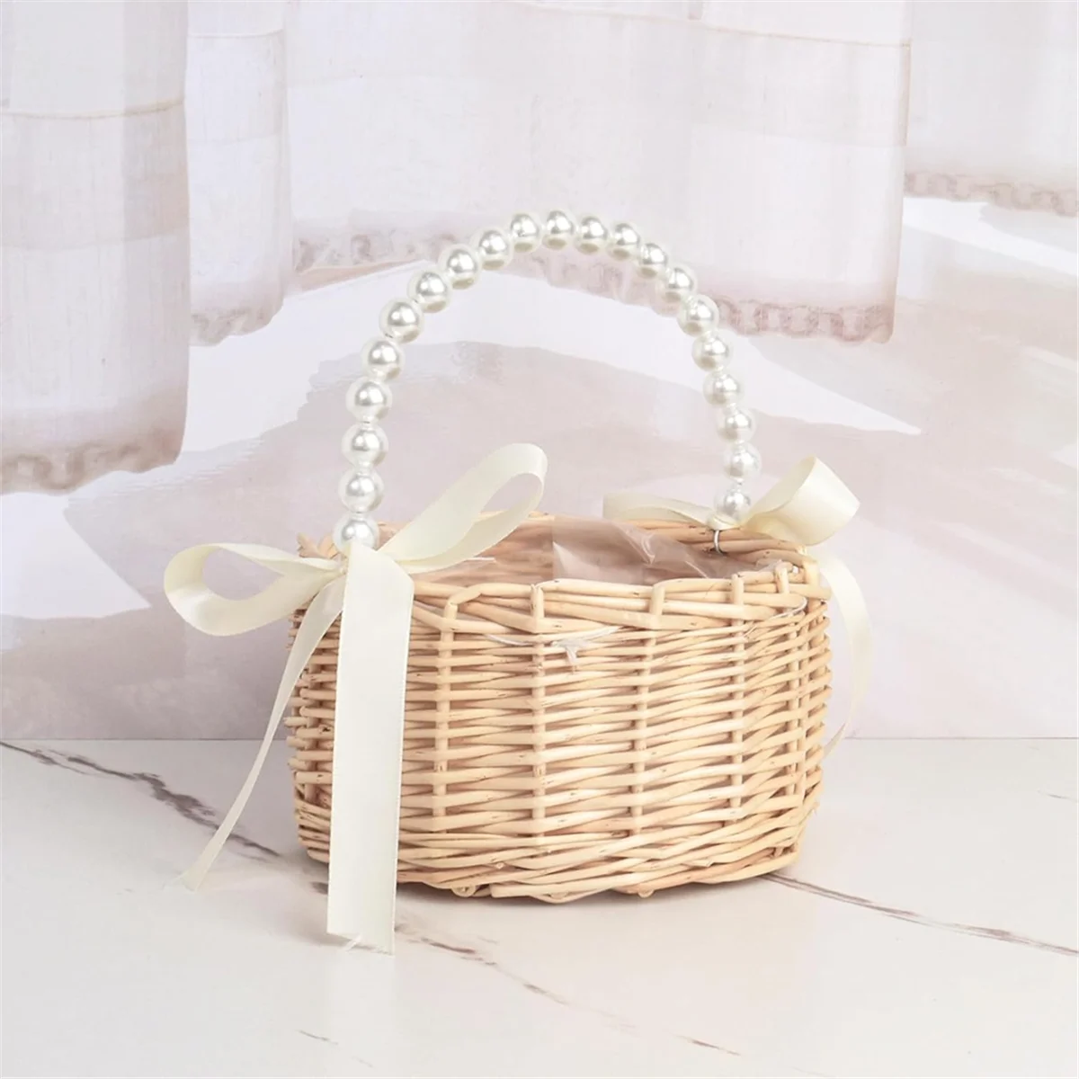 Wicker Flower Girl Basket for Weddings, Rattan Flower Basket Handmade Flower Girl Basket with Handle and RibbonT99C Good Vibrations
