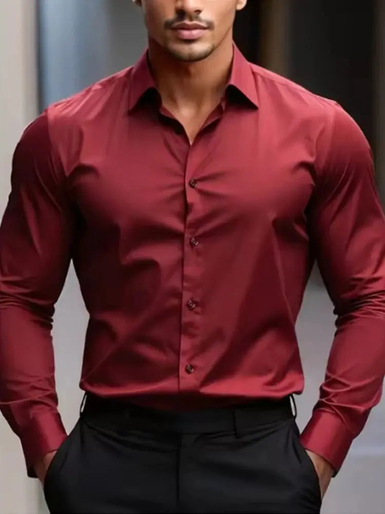 Men's formal shirt, summer long-sleeved, thin, business casual, breathable, no-iron, slimming, solid black color Good Vibrations