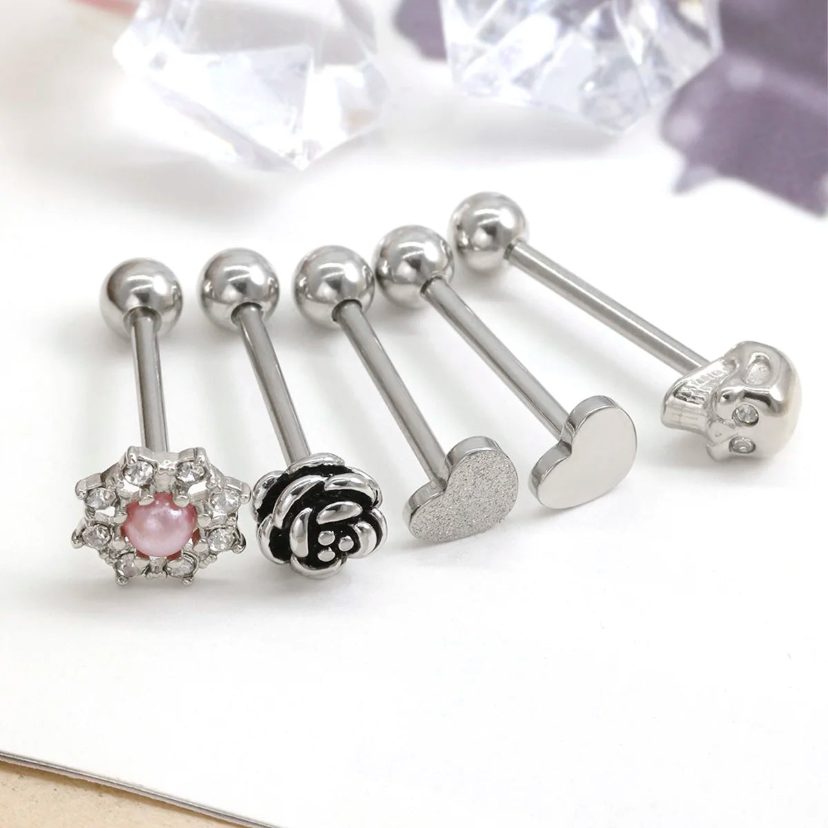 14G Stainless Steel Tongue Rings Straight Barbells Heart Shape Skull Shape Rose Shape Tongue Piercing Jewelry Good Vibrations Adult Super Store