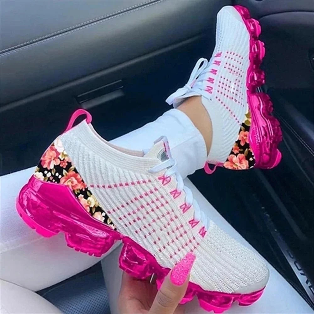 2024 New Sneakers Women Spring Fashion Knitted Fabric Floral Lace Up Ladies Casual Shoes Larged-Size Flats Running Sport Shoes Good Vibrations