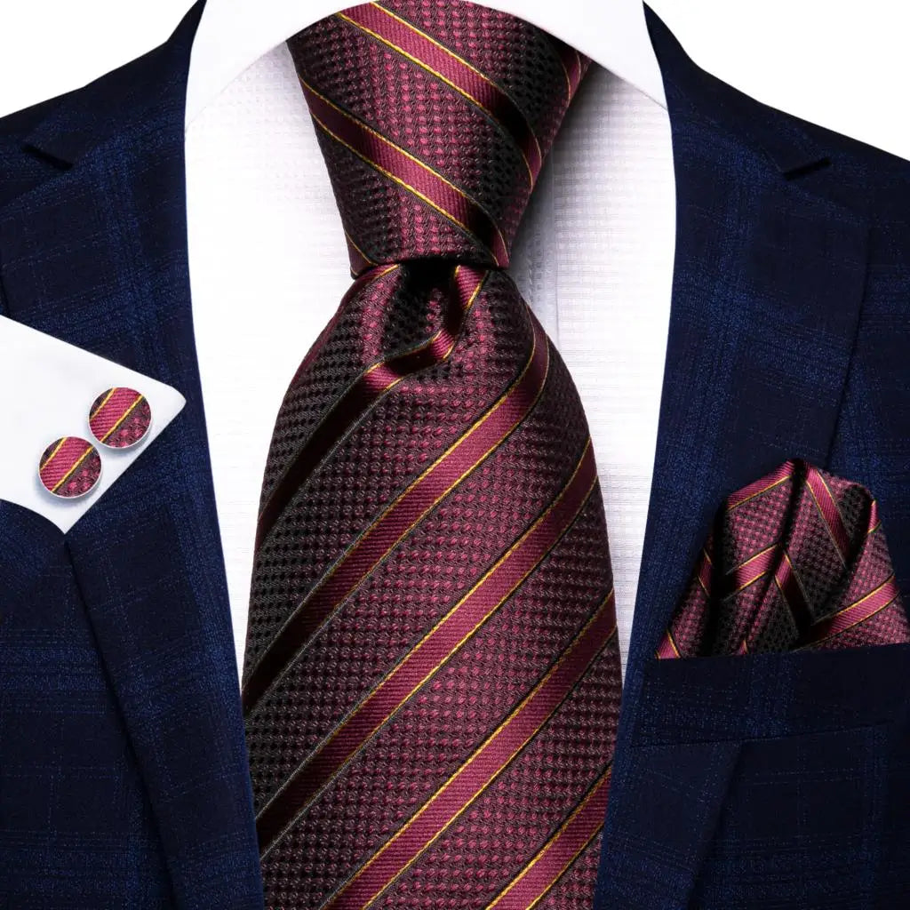 Hi-Tie Designer Red Burgundy Plaid Silk Wedding Tie For Men Handky Cufflink Gift Mens Necktie Fashion Business Party Dropshiping Good Vibrations