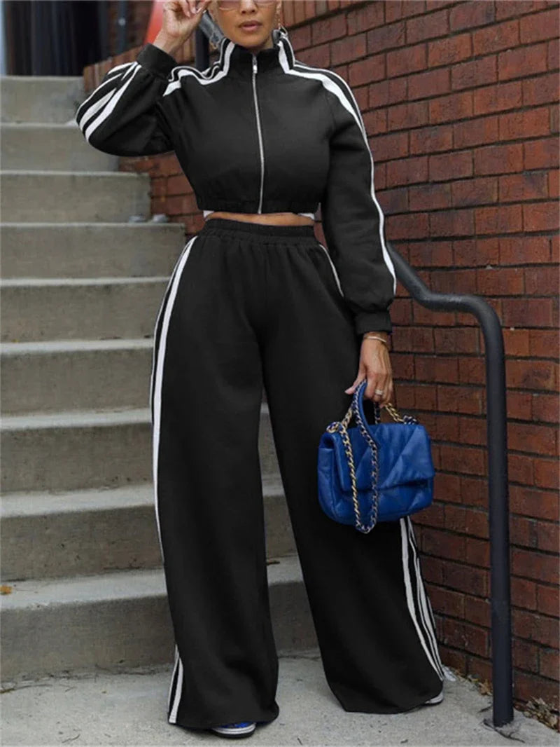 Street 2 Piece Sets Women Outfit Fall Clothes 2024 Women Side Stripe Crop Top + Pant Sets Casual Tracksuits Set Woman Sweatsuits Good Vibrations