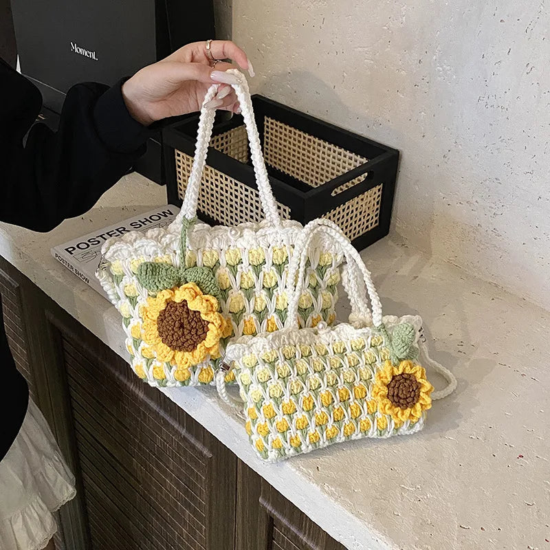 Crochet Crossbody Bag for Women Girl Handmade Color Block Handbag Lightweight Casual Summer Daily Purse Good Vibrations