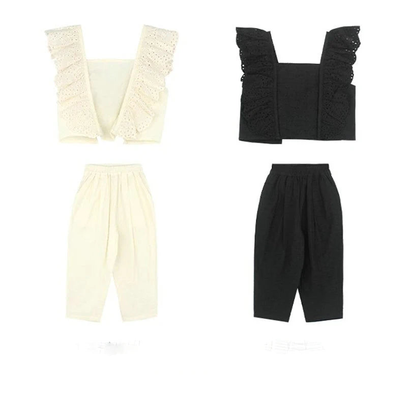 Girls' Clothing Set Hollow Lace Flying Sleeves Top+Cropped pants  Summer New Solid Color Minimalist Temperament Children's Set Good Vibrations