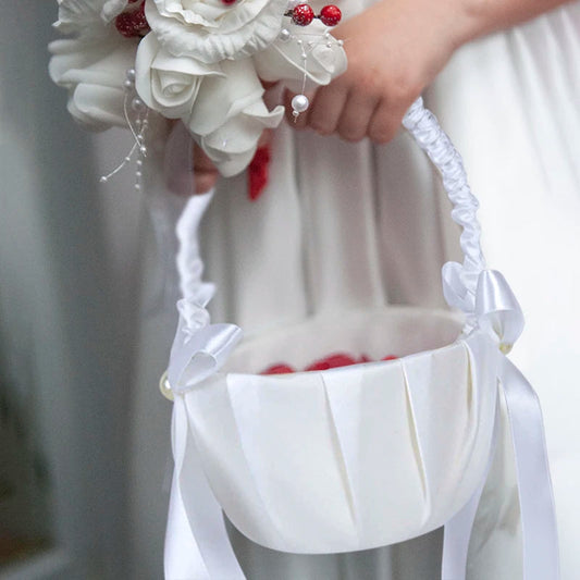 20 cm White Flower Girls Basket Silk Wedding Basket for Flower Bride/Kids Hand Held Wedding Ceremony Party Decorations Good Vibrations
