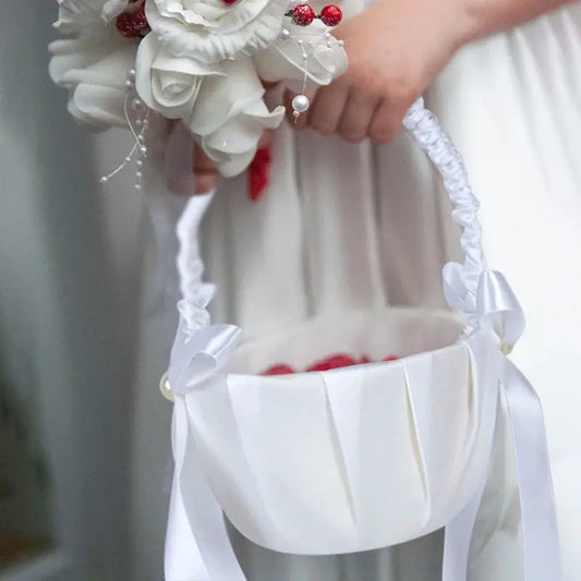 20 cm White Flower Girls Basket Silk Wedding Basket for Flower Bride/Kids Hand Held Wedding Ceremony Party Decorations Good Vibrations
