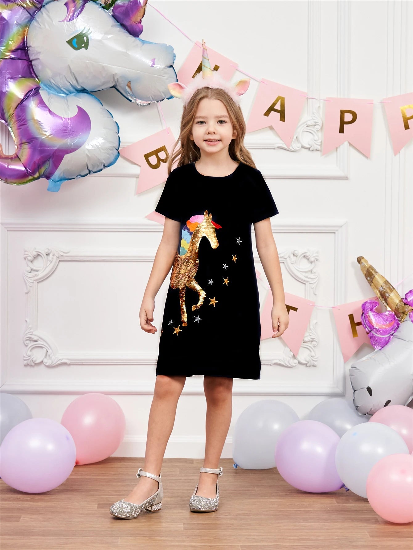 Girls' Summer Dress Children's A-line Cotton Dress Girls' Leisure Children's Unicorn Clothing SH5810 Good Vibrations