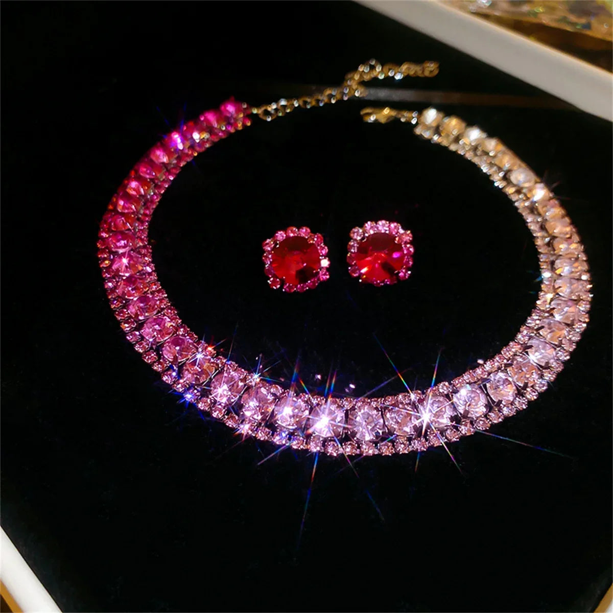 Luxury Crystal Necklace Earrings Set Pink ABcolourful Necklace for Women Weddings Party Jewelry Sets Accessories Good Vibrations Adult Super Store