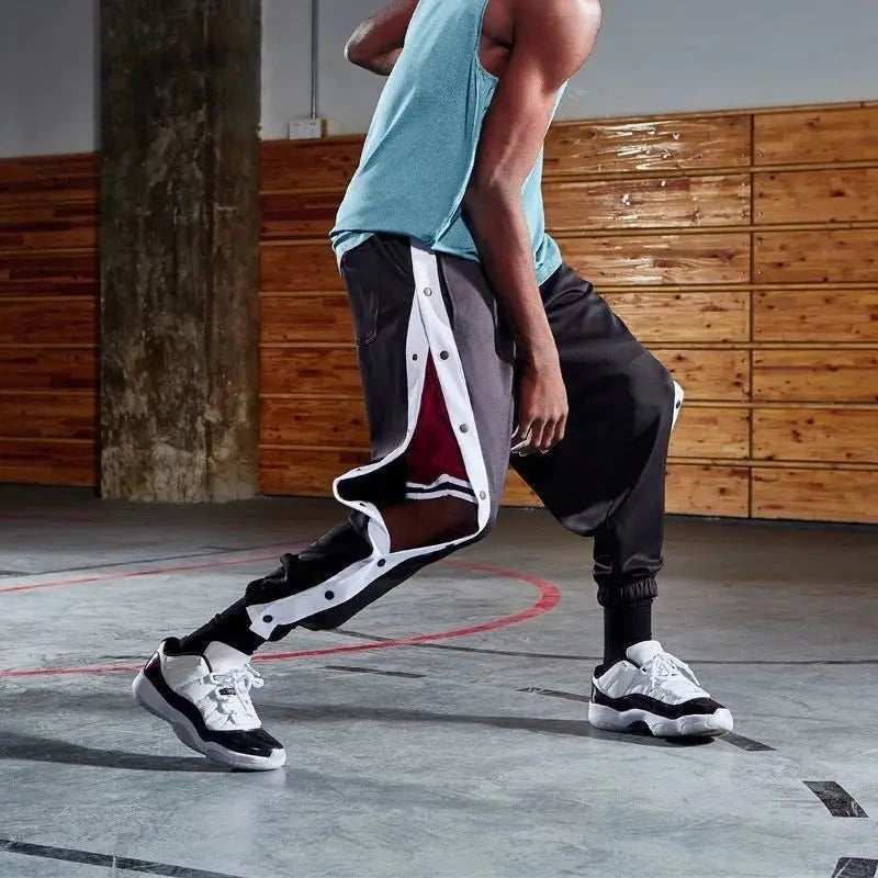 Harajuku Fashion Sports Men Pants Daily Outdoor Basketball Sweatpants Hollow Out Side Stripe Button Fly Design Creative Trousers Good Vibrations