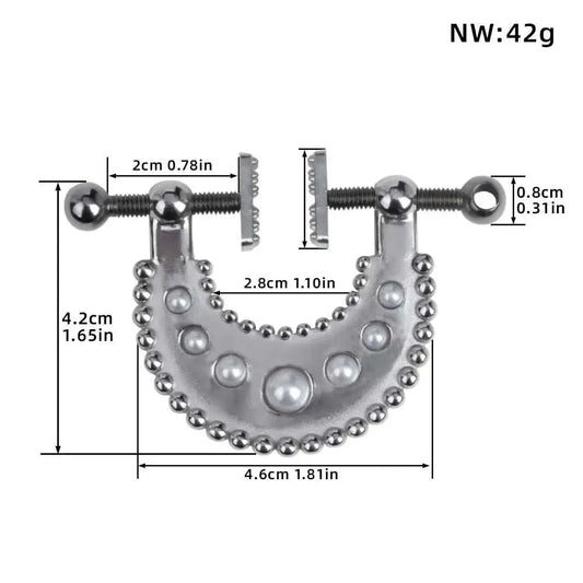 QKKQ 1 Pair Female Metal Bondage Nipple Clamp with silver stainless steel design and dimensions.