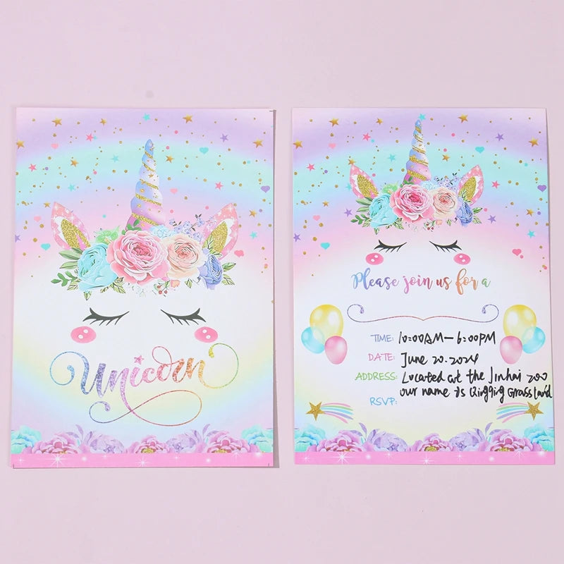 12pcs Invitation Card Unicorn Rainbow Balloon Envelope Card Girl Unicorn Theme Party Invitation Happy Birthday Party Decoration Good Vibrations