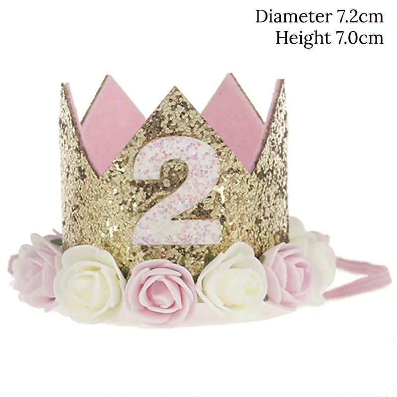 Baby Birthday Decoration Girl 1 2 3 Years Crown Hat Pink White Flower Sequins Crown 1st birthday Photo Prop Happy Birthday Gifts Good Vibrations