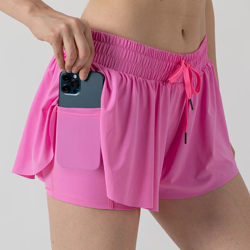 2 in 1 Flowy Sports Shorts Women Running Short Butterfly Tennis Skirt with Pockets Gym Yoga Athletic Biker Spandex Skirts Summer Good Vibrations