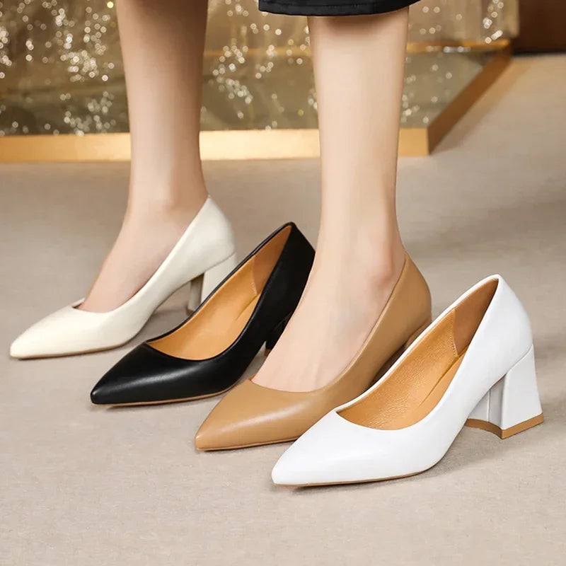 Women High Heel Pumps 2025 Thick Heels Women Shoes Solid Color Pointed Toe High Heel Office Shoes New Woman Shallow Casual Shoes Good Vibrations