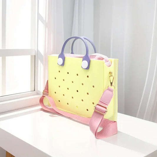 The orange guy Purple Women Fashion New EVA Punched Handbag Casual Waterproof Travel Tote Bag Fit Charms Outdoor Beach Bags Good Vibrations