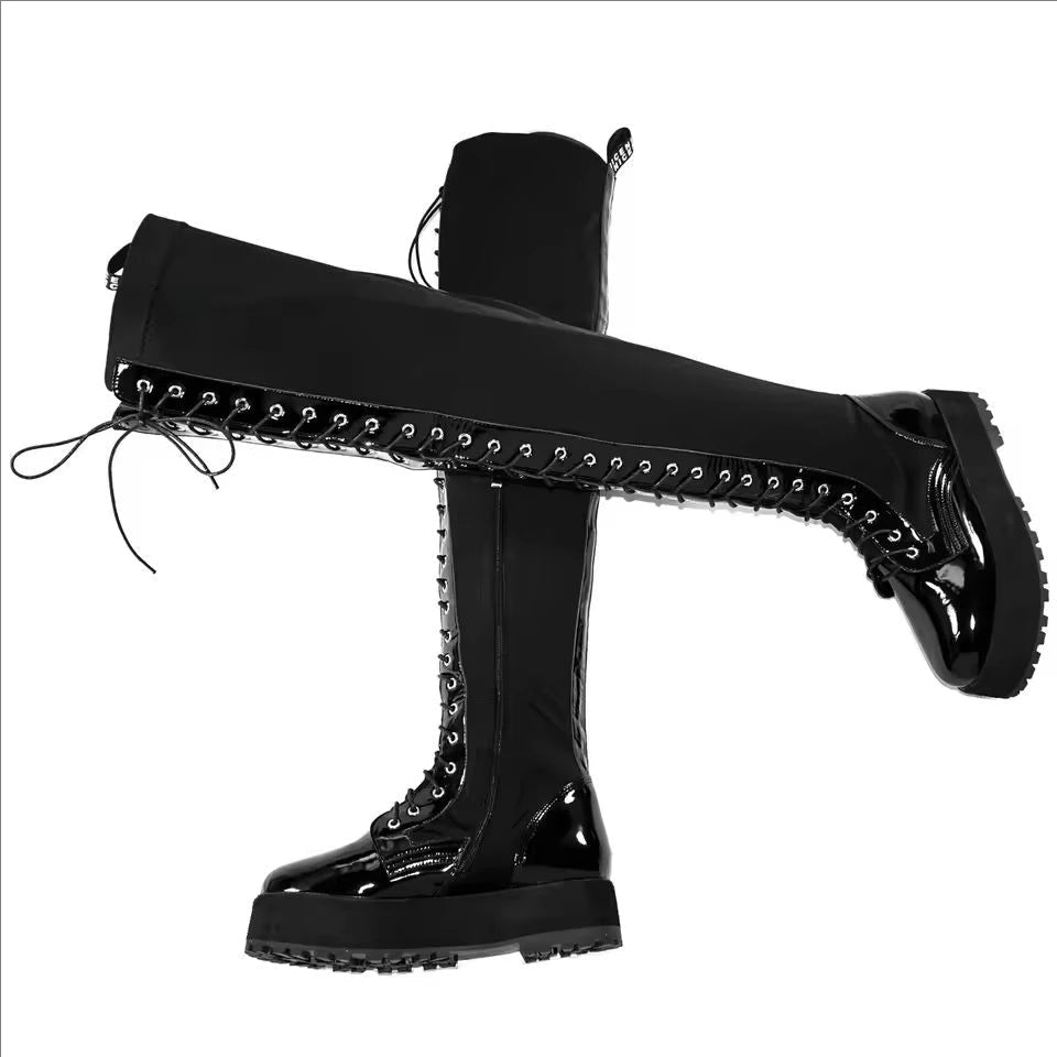 Thigh High Platform Pumps US 12 Shoes Women Plus Size 50 49 Black Patent Leather Over The Knee High Boots Big Size 48 47 Shoes Good Vibrations