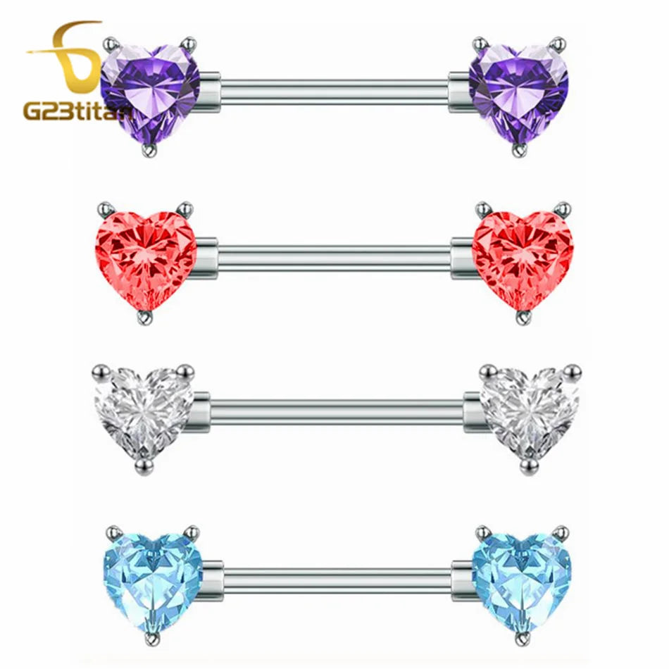 G23titan 2pcs Double Heart Zircon Nipple Rings 14G Titanium Or Steel Barbell Women Nipple Piercing Summer Jewelry Sexy Accessory Good Vibrations Adult Super Store
