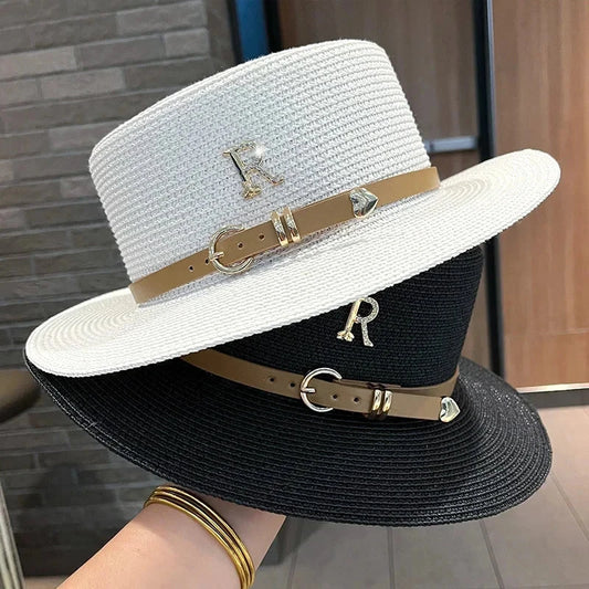 Summer Sun Hat Flat Top Straw Hats for Women New Metal R Letter Fashionable Beach Sun Hat Females Travel Holidays Boater Hat Good Vibrations