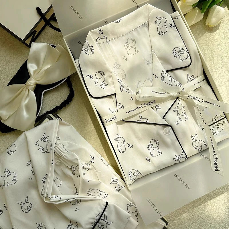 2023 Spring Autumn New Ice Silk 2 Pieces Pajamas for Women Fashion Cardigan Women's Pajamas Sweet Printing Loungewear Women Set Good Vibrations