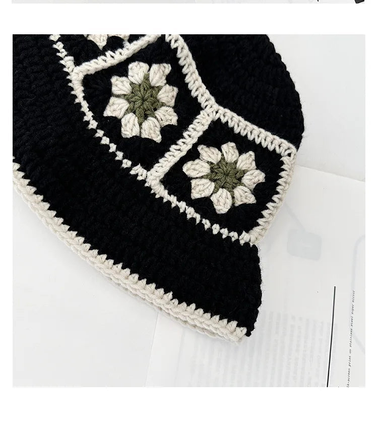 2024 Spring New Crochet Hat Korean Handmade Bucket Hat Women's Weaving Knitted Hat Y2k Fashion Flowers Autumn Winter Ins Beanies Good Vibrations