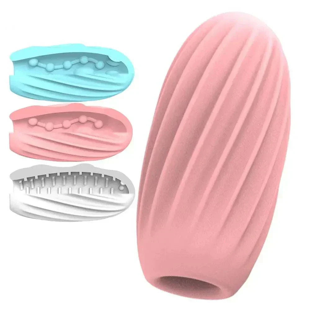 Male masturbator cup with realistic textures and multiple internal structures for enhanced stimulation.