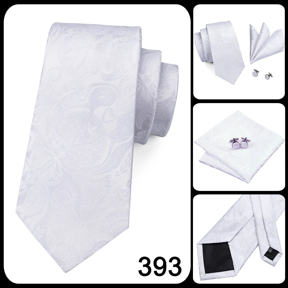 Men's Ties White Sliver Hanky Cufflinks Set Silk Neck ties For Men Wedding Party Business Mens Tie 2022 New Fashion Brand Hi-Tie Good Vibrations