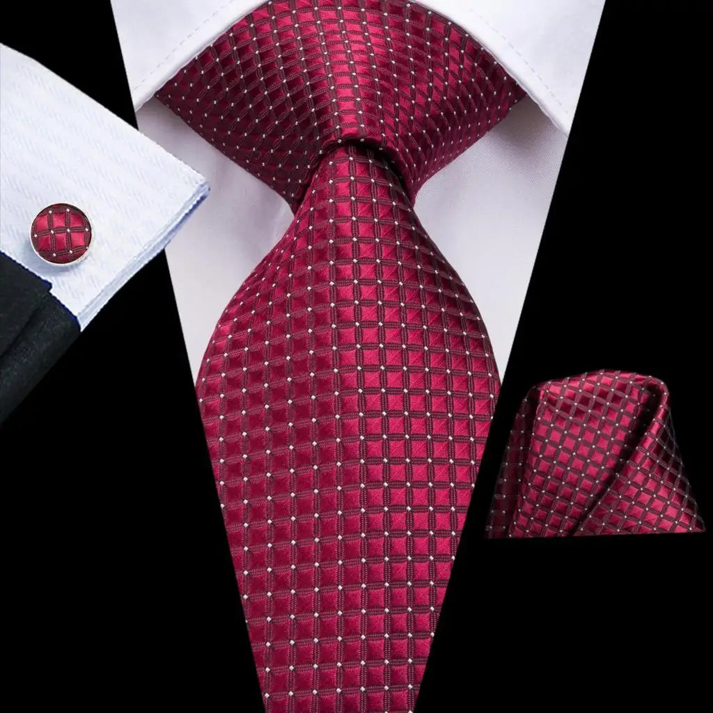 Hi-Tie Designer Red Burgundy Plaid Silk Wedding Tie For Men Handky Cufflink Gift Mens Necktie Fashion Business Party Dropshiping Good Vibrations