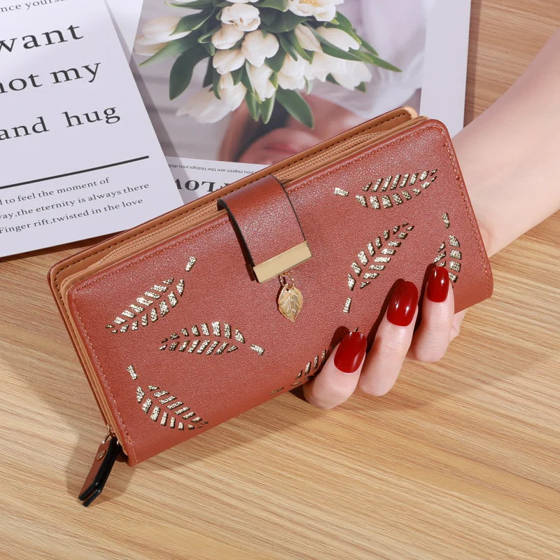 Women Wallet PU Leather Purse Female Long Wallet Gold Hollow Leaves Pouch Handbag For Women Coin Purse Card Holders Clutch Good Vibrations