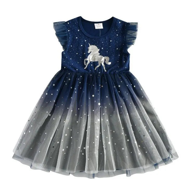 Girls Dress 2025 New Summer Princess Dresses Flying Sleeve Kids Clothes Unicorn Party Baby Dresses For Children Clothing 3-8Y Good Vibrations