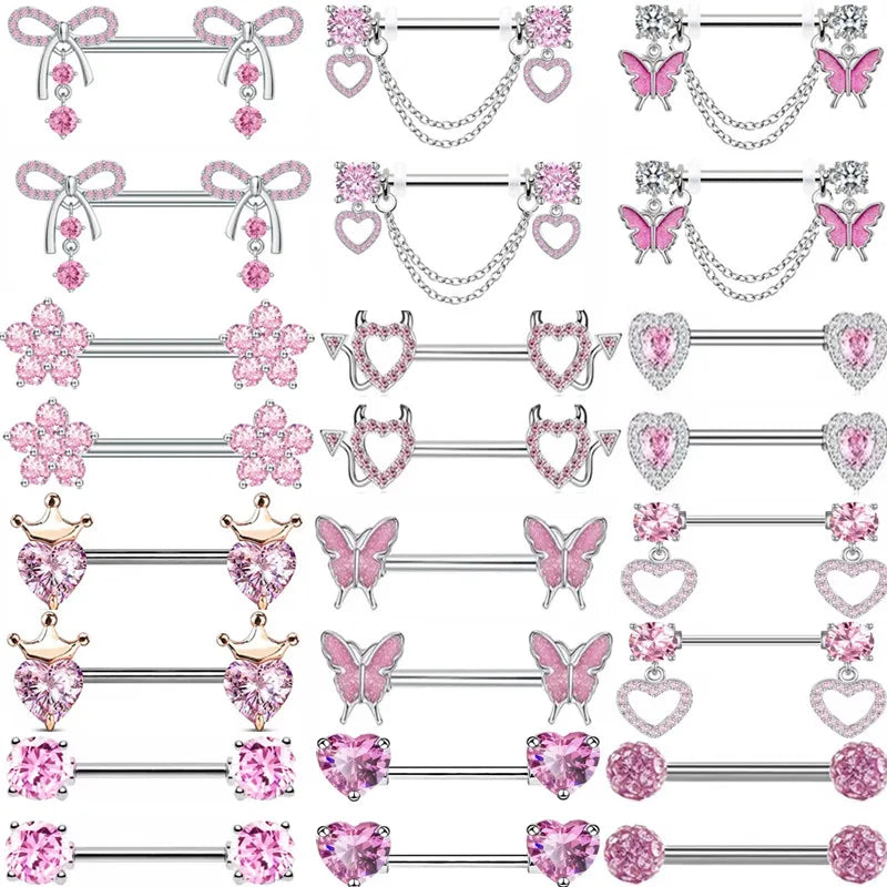 1Pair Pink Butterfly Nipple Piercing Jewelry Shiny Crystal Nipple Rings For Women Girls Heart Nipple Barbells Piercing Pezon Good Vibrations Adult Super Store