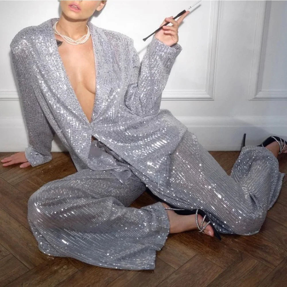 Women's Beaded Suit Jacket, Long Pants Set, Fashionable and Casual Temperament, Elegant Sequins Good Vibrations