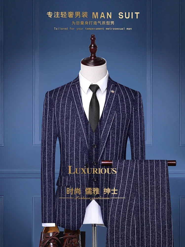 2025 Suit (suit + Vest + Trousers) Single Button Fashion Business Vertical Stripe Gentleman Suit Korean Suit Three-piece Suit Good Vibrations