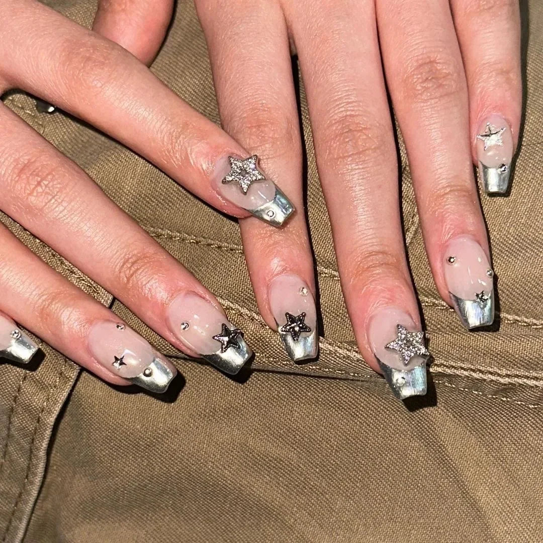 Pink Stars Nude Color Chic Delicate Wearable Nail Art Y2K Fashion Short False Nails Detachable Finished Fake Nails Press on Nail Good Vibrations