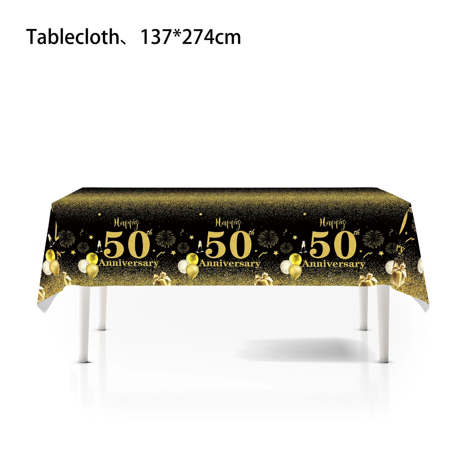 Happy 50th birthday party table supplies, black and gold theme, napkins, 7inch paper cups, tablecloth, plates, party decoration Good Vibrations